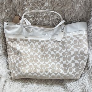 Coach white Cream Signature Print Handbag Tote